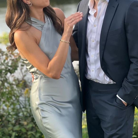 Dessy Draped Twist Halter Tie-Back Trumpet Gown- WILLOW GREEN. Bridesmaid dress - Picture 3 of 4